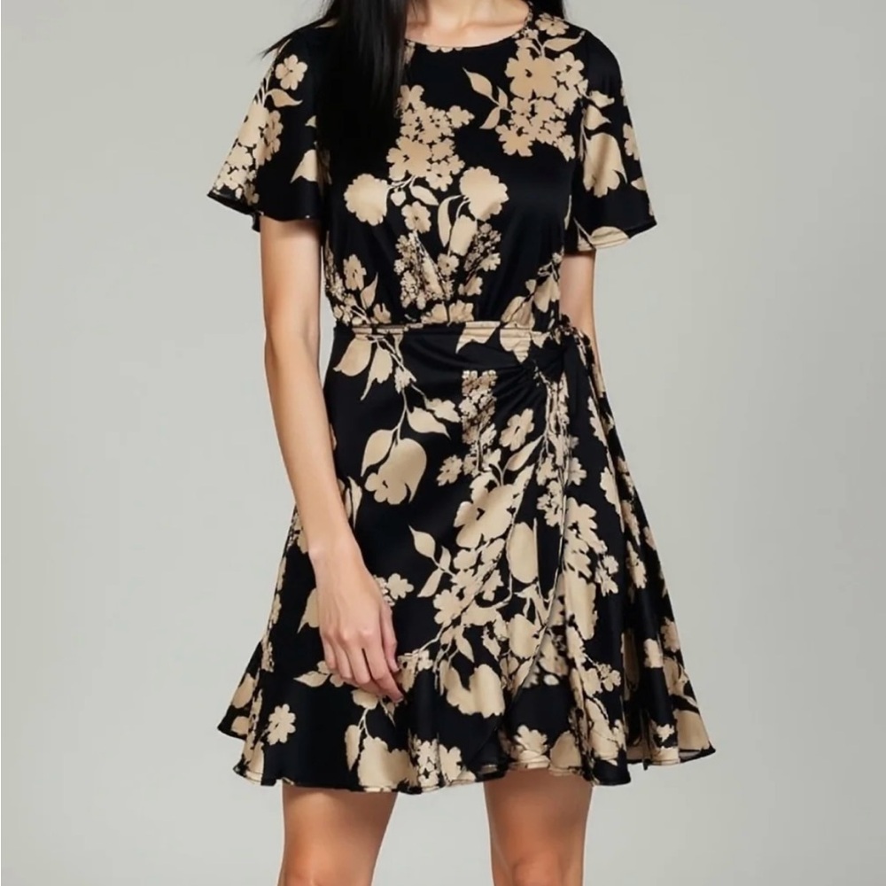 New York & Company Cream Ruffled Tie Front Mini Dress